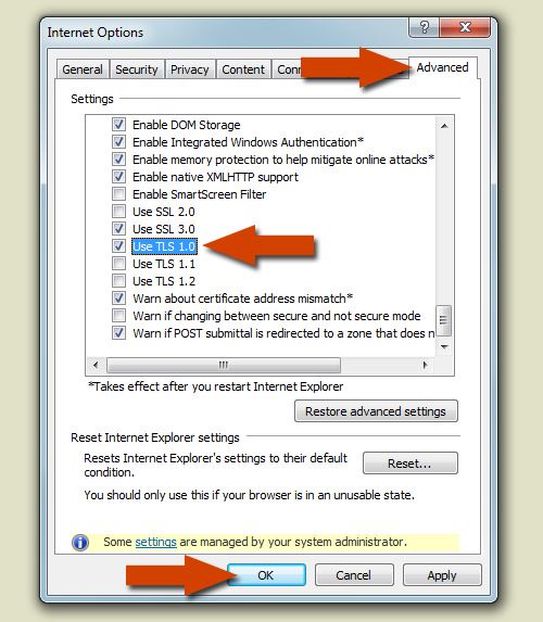 Select TLS 1.0 in the Settings of Internet Explorer